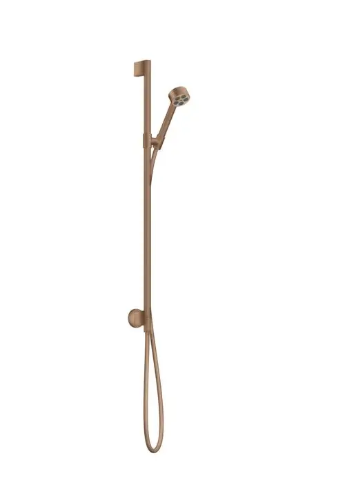 Brauseset mit Wandanschluss in Brushed Red Gold von AXOR. Enthält eine flexible Handbrause, Halterung und Schlauch, montiert an einer vertikalen Stange.
